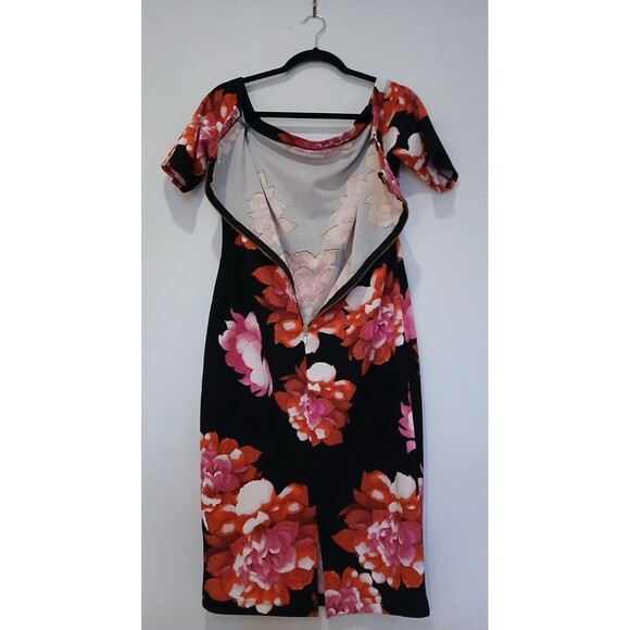 Bisou Bisou Black Floral Retro 90s Vibe Pencil Dress Sz 12 Off Shoulder Back Zip - Picture 5 of 11